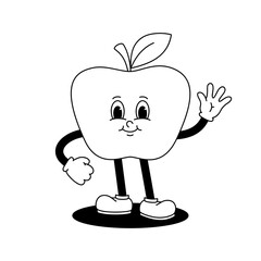 Vector cartoon retro mascot monochrome illustration of walking apple. Vintage style 30s, 40s, 50s old animation. The clipart is isolated on a white background.