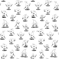 Vector seamless pattern with cartoon retro mascot monochrome illustration of walking fruits and berries on a white background. Vintage style 30s, 40s, 50s old animation.