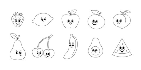 Vector set of cartoon retro mascots monochrome illustrations of fruits and berries. Vintage style 30s, 40s, 50s old animation. The clipart is isolated on a white background.