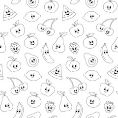 Fototapeta premium Vector seamless pattern with cartoon retro mascot monochrome illustrations of fruits and berries on a white background. Vintage style 30s, 40s, 50s old animation.