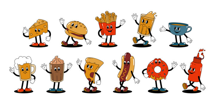 Vector set with cartoon retro mascots colored illustrations of walking street food. Vintage style 30s, 40s, 50s old animation. Stickers isolated on white background.