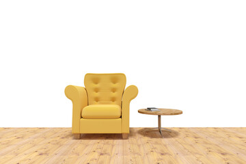 Yellow armchair by table on floor 