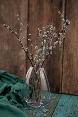 Willow branches in a glass vase. Wooden table, rustic style. Green tablecloth. Place for text.