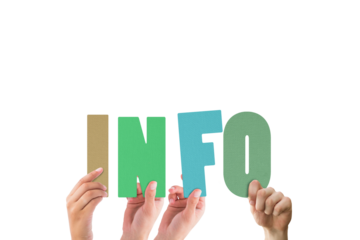 Colorful alphabet spelling info held up by people 