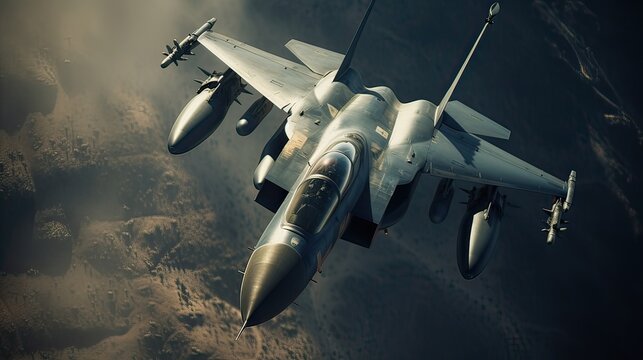 the aerial high view of a Fighting jet. top view fighting jet in a very close view. Generative Ai.
