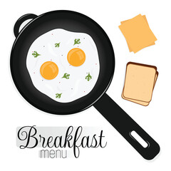 Frying eggs on frying pan. Breakfast menu logo on white background