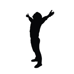 Fototapeta na wymiar Happy man with hands stretched. Silhouette of happy man raise hand vector. Success and serenity concept, young man standing. Happy man, successful lad with arms up.