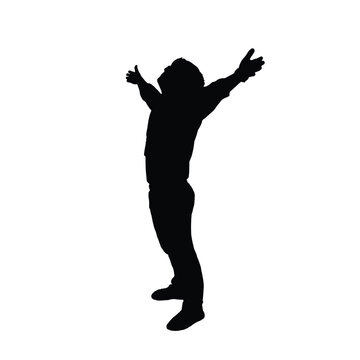 Happy man with hands stretched. Silhouette of happy man raise hand vector. Success and serenity concept, young man standing. Happy man, successful lad with arms up.