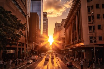 Obraz premium A vibrant sunrise over a city skyline - made with Generative Ai