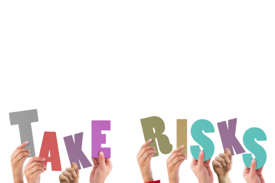 Colorful alphabet spelling take risk held up by people 