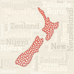 NEW ZEALAND map design. Country names in different languages and map shape with geometric low poly triangles. Creative vector illustration of New Zealand.