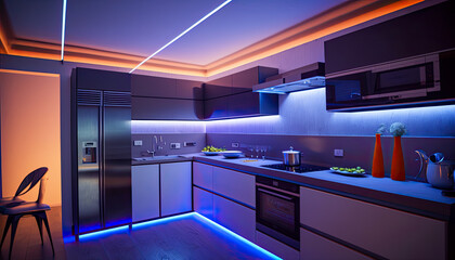 A modern kitchen illuminated by led strips - Generative AI