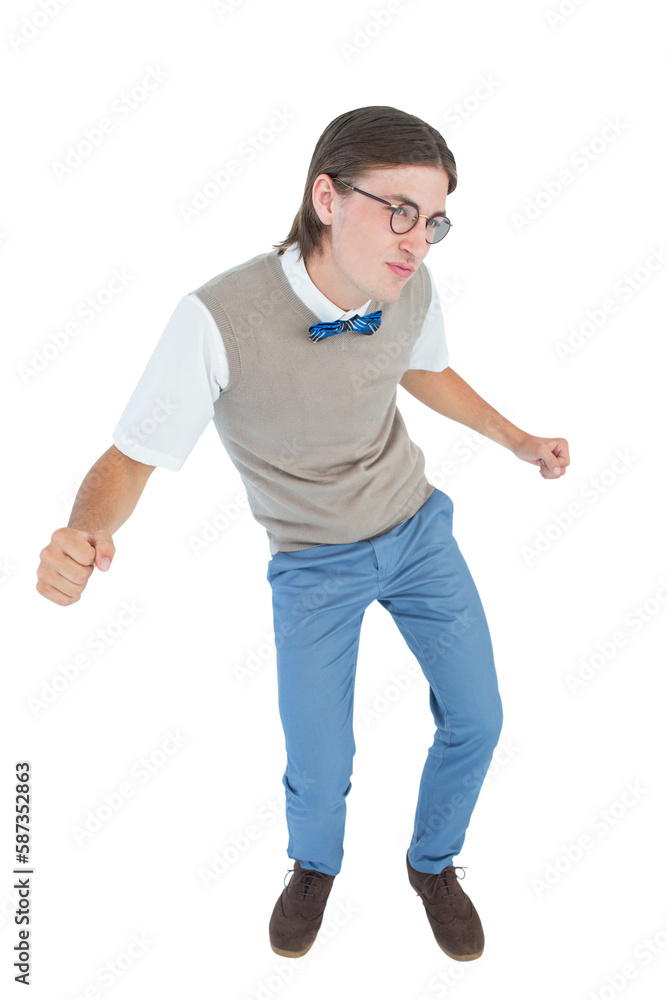 Poster geeky hipster dancing and smiling