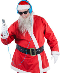 Santa Claus listening to music on mobile phones