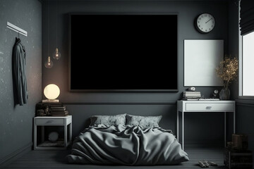 Hipster teenager or student room interior and black poster mockup on the wall. AI generated.