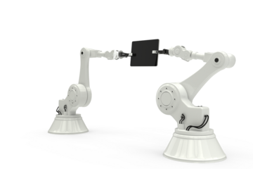 Composite image of robots holding computer tablet