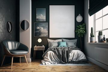 Hipster teenager or student room interior and white poster mockup on the wall. AI generated.