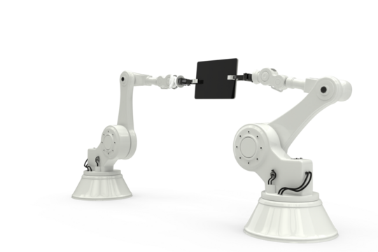 Composite image of robots holding computer tablet - Powered by Adobe