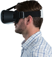 Man using virtual reality headset against white background