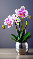 Fototapeta na wymiar Beautiful orchid flowers in metallic silver pot on gray background.Houseplants concept.AI generated.