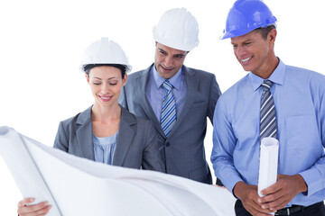 Businessmen and a woman with hard hats and holding blue