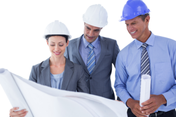 Businessmen and a woman with hard hats and holding blue