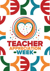 Teacher Appreciation Week in United States. Celebrated annual in May. In honour of teachers who hard work and teach our children. School and education. Student learning concept. Vector illustration