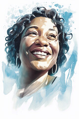 Natural beauty happy and smiling middle aged African American woman, splashes of water, refreshing feeeling, watercolor illustration (Generative AI) - 587353233