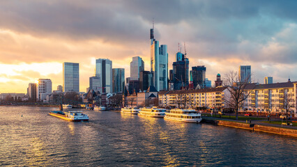 Frankfurt am Main, Germany - January, 29, 2023: City skyline of the downtown district during golden hour.