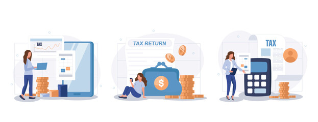 Declaration programs, easy reporting, tax website. Desktop tax filing software, mobile app tax filing software, filing online service metaphors. Vector isolated concept metaphor collection of scenes. 