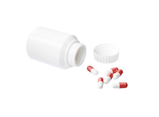 Capsule pills with red and white spilling out of pill bottle, Drugs and medical supplies concept, png file.