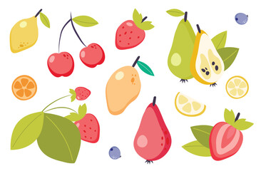 Summer fruit collection. Set of fresh tropical and garden fruits doodle, organic biological vegan food. Cute cartoon vector illustration