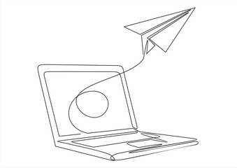 Fototapeta na wymiar Laptop and paper plane, e mail list building illustration continuous one line art illustration. Can used for logo, emblem, slide show and banner.