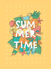 Summer time lettering quote decorated with doodles on yellow background for nursery posters, prints, cards, planners, stationary, etc. EPS 10