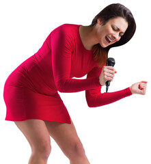 Brunette in red dress singing passionately