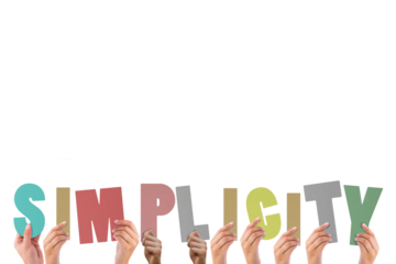 Cropped hands holding colorful alphabets forming simplicity