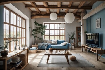 White and blue japandi living room. Fabric couch, beams ceiling, window, and decors. Farmhouse decor,. Generative AI