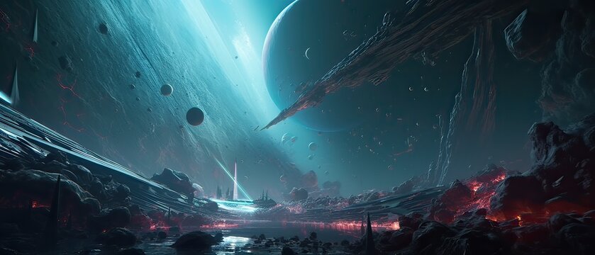 Astronauts with spaceship exploring an asteroid in space 3D. Generative Ai.