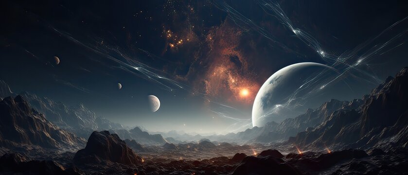 Astronauts with spaceship exploring an asteroid in space 3D. Generative Ai.