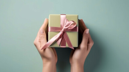 Young woman hands holding green gift box on the mint green background. Generative AI
