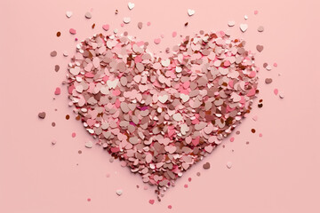 Pink heart shape made of confetti on the pink background. Generative AI