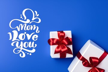 Happy Mother's Day blue background, with white gift box with red ribbon, love and family
