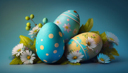 Easter easter eggs with bunnies. selective focus. Generative AI