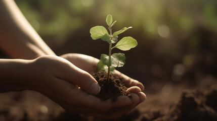 Fototapeta premium person holding a small plant in their hands. Generative AI.
