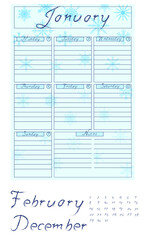 The planner - winter, the page is divided into days of the week, you can insert the desired date and the desired month. Vector graphics