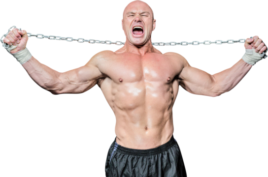 Fighter holding chain with arms raised