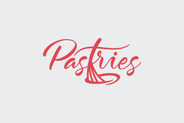 Fototapeta na wymiar pastries logo with a combination of pastries lettering and the letter T shaped like a whisk
