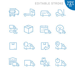 Fototapeta na wymiar Vector line set of icons related with truck delivery. Contains monochrome icons like delivery, truck, box, transportation, forklift and more. Simple outline sign. Editable stroke.