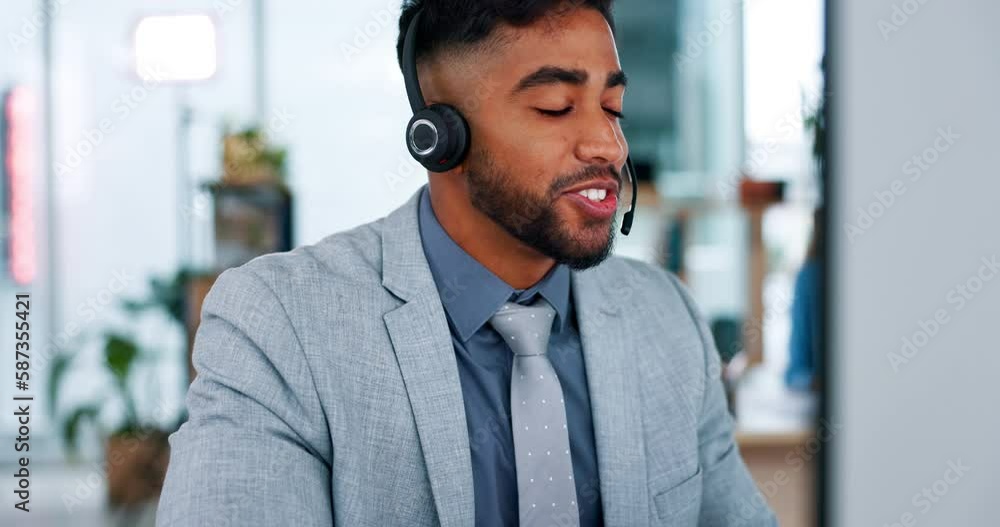 Poster businessman, call center and consulting with headphones on computer in customer service or support a
