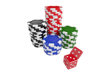 Stack of colorful casino tokens by dice